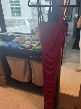 Hot Miami Styles Burgundy Ruched Satin Maxi Dress